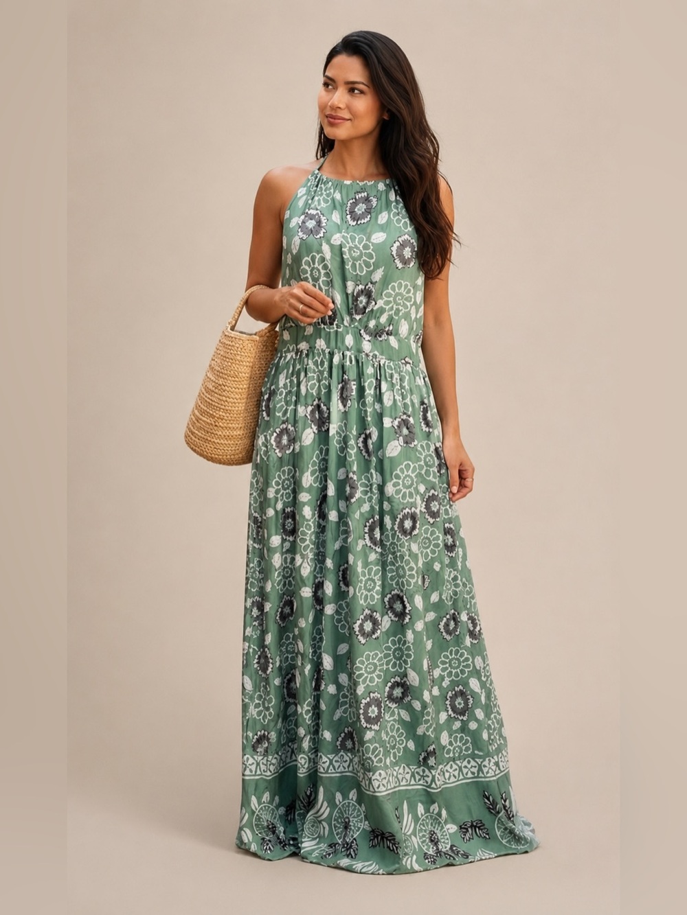 SHEIN Green, White and Gray Halter Maxi Dress with flowers size L